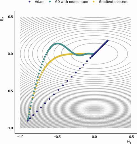 Figure A1. Three first–order algorithms finding the minimum of F(θ)=θ12+5θ22 with starting value θˆ=[−0.9,−0.9]. Gradient descent uses the gradient and a fixed step size (s=0.01) to update its parameter estimates. Gradient descent with momentum instead uses an exponential moving average of the gradients (decay of 0.9) with the same s. Finally, Adam adds a moving average of the squared gradient (decay of 0.999) to adjust the step size per parameter, leading to a straight line to the minimum with an overshoot and return due to momentum. In this example, Adam converges fastest, and gradient descent is slowest