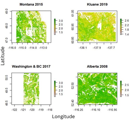 Figure 4. Visualizations of the spatial extrapolations for Montana, Yukon, Washington & BC, and Alberta from Years 2015, 2019, 2017, and 2008, respectively.