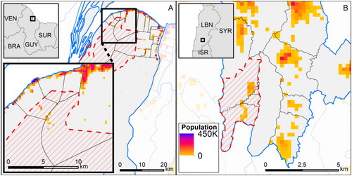 Figure 5. Illustration of resulting 250-m population grids for 2015 in (A) Guyana and (B) Lebanon.
