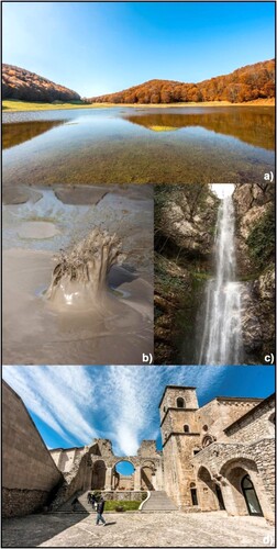 Figure 2. (a) Campo Maggiore endorheic basin, Avella–Partenio Moutains. (b) Bolle della Malvizza hydrothermal area. (c) Acquaserta waterfall. (d) Goleto Abbey. (Photo courtesy of Bocchino G.).