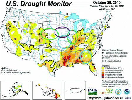 Figure 1. Map of drought conditions in 2010. The single study location for corn stover is in purple. Study locations for mixed perennial grasses are in blue and for Miscanthus × giganteus are in green. Map courtesy of the National Drought Mitigation Center at the University of Nebraska-Lincoln.