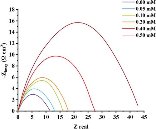 Figure 6. Nyquist plots for MS in 1 M HCl without and with ATTC.