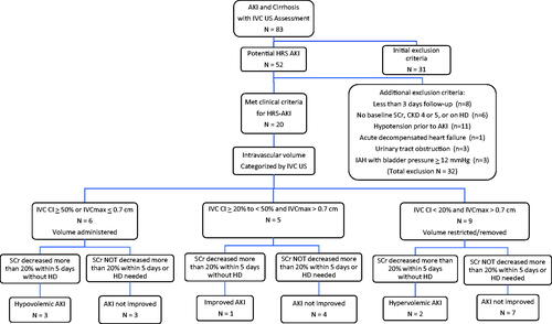 Figure 1. Summary of patients with possible HRS-AKI at the time of the nephrology consult and subsequent follow-up. The selection of patients who met clinical criteria for HRS-AKI was based on detailed chart review including having received standardized volume administration while withholding diuretics. Intravascular volume was defined by the initial IVC US at the time of consult. Changes in serum creatinine levels with subsequent volume management were assessed during the first 5 days of follow-up after the initial IVC US. Definition of response to therapy is a ≥20% decrease in serum creatinine from the peak value [Citation9]. Abbreviations: AKI: acute kidney injury; CKD: chronic kidney disease; CI: collapsibility index; HD: hemodialysis; HRS: hepatorenal syndrome; IAH: intra-abdominal hypertension; IVC: inferior vena cava; SCr: serum creatinine concentration; US: ultrasound.