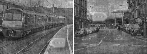 Figure 1. Illustration of greyscale background images, equalised for low-level perceptual features, superimposed by search targets pointing left or right. Targets are enlarged and highlighted for illustration. The displayed pictures, proportions, and luminosities do not correspond to the actual task. Images for this illustration were retrieved from www.geograph.org.uk/profile/120370, copyright (CC BY-SA 2.0) by Garry Cornes.