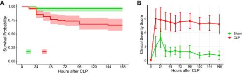 Figure 1 Multiple CLP experiments in our lab over 3.5 years show a consistent pattern of illness severity. (A) Overall survival of CLP mice had been titrated to about 25–30% in our model. (B) CLP operated mice developed clinical severity scores much worse than the sham operated mice. N=40 and 110 for sham and CLP groups, respectively.