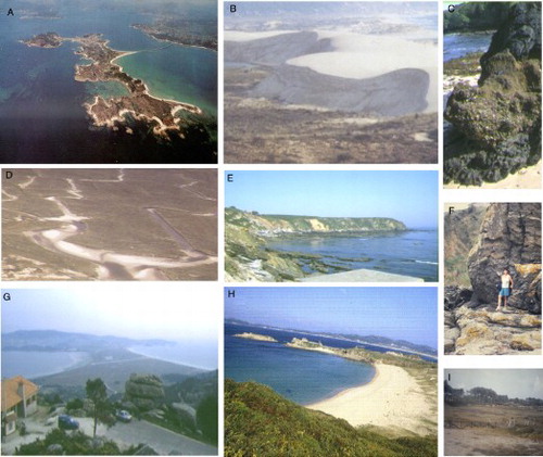 Figure 5. (A) Aerial view of Arosa Island and N-S disposition, with a coastal arrow. (B) Active dune of the Corrubedo complex. (C) Fossilized beach on Foxos Beach. (D) Aerial view of tidal clogging channels on the Corrubedo complex. (E) Marine terrace on Faxilda Cape. (F) Cliff on Foxos beach. (G) La Lanzada tombolo from Monte Xiradella with tors. (H) Marine terrace on La Lanzada Beach. (I) Marsh and tombolo connecting the middle and southern islands to the Arosa Island.