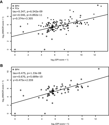 Figure 3 The AMACR and GPI score relationship. The Pearson correlation coefficient (cor), Kendall correlation coefficient (tau), p-values for them and linear regression equation are shown in the left corner of each plot. (A) The prebiopsy cohort, (B) only BPH group.