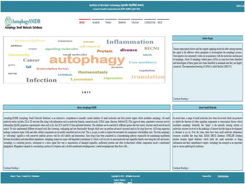 Figure 1. Screenshot of the AutophagySMDB homepage. AutophagySMDB homepage displaying various functionalities such as search, tools, browse, upload and help.