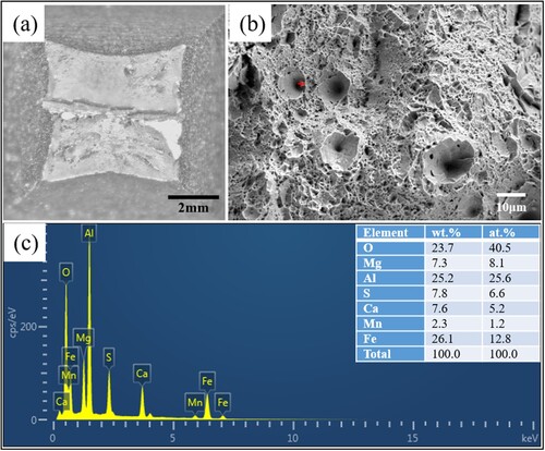 Figure 14. Fracture surface morphology for the tensile test specimens, and the results of EDX analysis: (a) macro fracture surface, (b) high magnification fracture surface, (c) EDX spectrum for the inclusion particles.