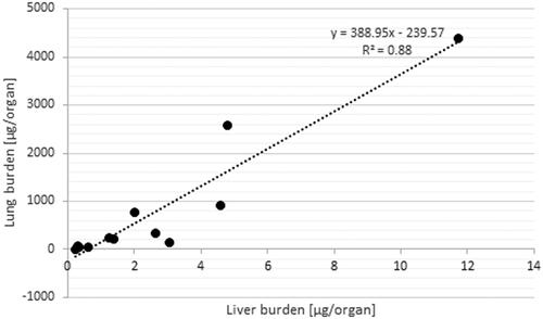 Figure 8. Relationship between lung and liver organ burden.