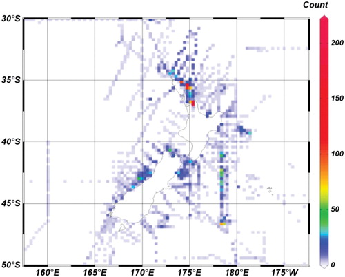 Figure 14. Numbers of CTD profiles recorded in the New Zealand EEZ in 0.25° data bins, up until 2015 (courtesy M. Walkington).