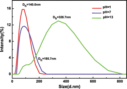 Figure 10. The hydrodynamic diameters distributions of SiO2-g-P(SPMA-co-MAA) in aqueous solutions with different pH values.