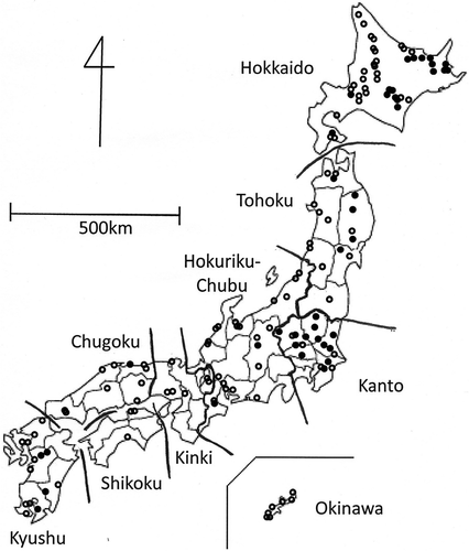Figure 1. Location of the sampling sites. •, volcanic soils; ○, non-volcanic soils.