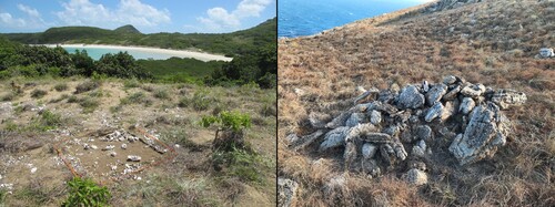 Figure 4. Examples of Great Barrier Reef archaeological sites: (L) Mangrove Beach Headland Midden, Jiigurru, north Queensland, showing excavations in progress (Photograph: Ian J. McNiven). (R) Constructed stone arrangement, Jiigurru, north Queensland (Photograph: Sean Ulm).