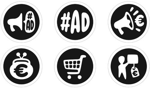 Figure 2. Selection of pictogram tested in survey. Upper row: megaphone #AD, #AD, megaphone euro sign, lower row: wallet, shopping cart, influencer.