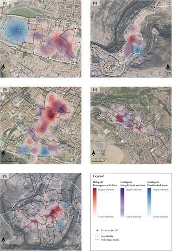 Figure 1. Distribution of hotspots according to Foursquare data, and analysis of coldspots defined as unattended locations and basic services location in the less dense districts of the five WH areas: (1) Ávila; (2) Cuenca; (3) Segovia; (4) Salamanca; (5) Toledo.