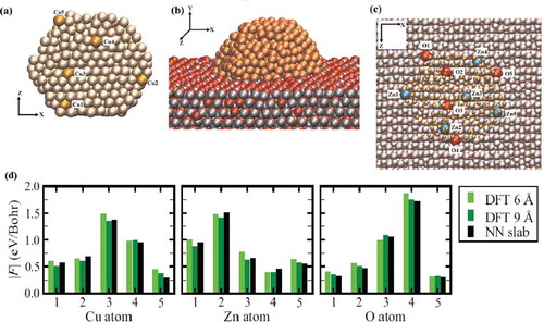 Figure 9. (a) Bottom-view of a snapshot of an MD simulation at 1000 K of a Cu 612 cluster at the ZnO(1010) surface; five copper atoms have been selected to compare the ANN-predicted forces with the DFT forces (in d). (b) Side view of the cluster. (c) A top view of the ZnO(1010) surface is shown. Five oxygen and five zinc atoms have been chosen for a closer investigation of the forces (in (d)). (d) Comparison of the force modulus of two DFT force evaluations using atoms within 6 Å and 9 Å from the central one, and the neural network force field on the whole slab for the atoms highlighted in (a) and (c). Figure adapted with permission from Artrith, Hiller, and Behler [Citation59] . Copyright 2013 WILEY-VCH Verlag GmbH & Co. KGaA, Weinheim.