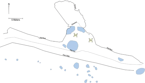 Figure 3 Plan of the HSE shelter and cave with excavation squares indicated in yellow and large rocks/boulders in blue.