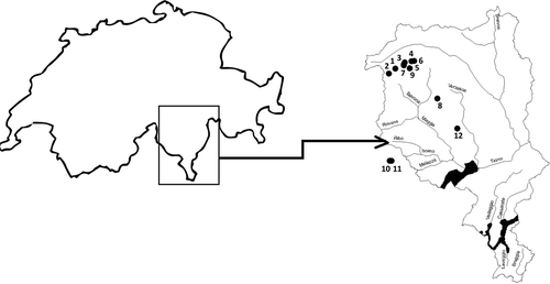 Figure 1. Switzerland and Canton Ticino with its main river basins. Lake names: (1) Bianco; (2) Matörgn; (3) Cristallina; (4) Piccolo Narèt; (5) Laghetto superiore; (6) Laghetto inferiore; (7) Laiòzz; (8) Tomè; (9) Zòta; (10) Muino superiore; (11) Muino inferiore; (12) Starlarèsc da Sgiof.