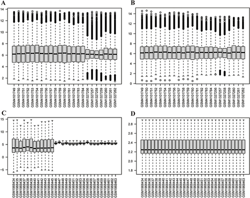 Figure 2 Data processing. Boxplot of the merged Hashimoto’s thyroiditis dataset before (A) and after (B) the removal of the batch effect. Boxplot of the vitiligo dataset before (C) and after (D) normalization.