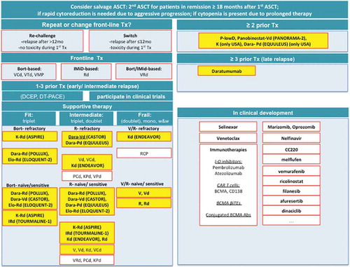 Figure 1. Treatment recommendations for patients with RRMM. V, Velcade/bortezomib; C, cyclophosphamide; T, thalidomide; M, melphalan; P, prednisone; R, Revlimid/lenalidomide; d or Dex, dexamethasone; DCEP/D-PACE, dexamethasone continous cyclophosphamid etoposid cisplatin; DT-PACE dexamethasone, thalidomide, continuous iv cisplatin doxorubicin cyclophosphamid etoposid; K, carfilzomib; Pom, pomalidomide; I, ixazomib; Elo, elotuzumab; Dara, daratumumab; in yellow: approved treatment regimens.
