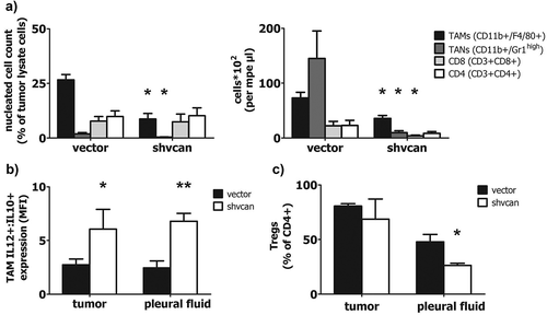 Figure 4. Tumor-derived versican sculpts a tumor-friendly immune environment.Tumor tissue lysate and MPE obtained from C57Bl/6 mice were analyzed using flow cytometry. TAMs, TANs, CD8(+) cells, CD4(+) cells in mesothelioma tissue and MPE (a), ratio of IL12/IL10 expression by TAMs (marker of macrophage polarization) in tumor tissue and MPE (b) and percentage of Tregs among total CD4(+) cells (c), *p < 0.05, **p < 0.01 compared to vector. TAMs: Tumor Associated Macrophages, TANs: Tumor Associated Neutrophils, CD8: CD8(+) T-lymphocytes, CD4: CD4(+) T-lymphocytes, Tregs: T regulatory lymphocytes, MFI: Mean Fluorescence Intensity. Data are presented as mean ± standard error of mean (sem).