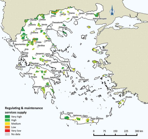 Figure 5. Spatial distribution of regulating and maintenance services at 91 mountainous sites (SACs) in Greece. The proximity to major urban centers is also indicated in the map.