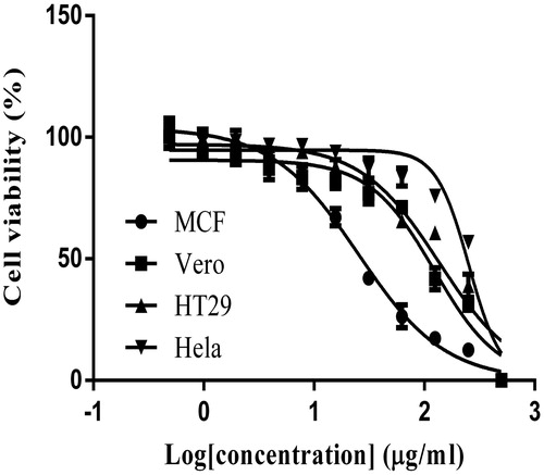 Figure 2. The viability of various cells after exposed to the different concentrations of E. hirta extract for 24 h as determined by using MTT assay.