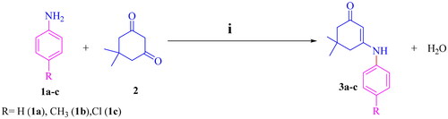 Scheme 1. Chemical synthesis of intermediates 3a–c. Reagents and conditions: (i) gl. acetic acid (few drops), heat under reflux in DCM for 8 h.