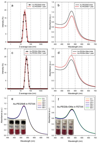 Figure 1. z-average sizes (a,c) and SPR bands (b,d) of initially prepared Au-PEI25kB and Au-PEG5k-OMe (black circles), and 1-year-aged (shelf-life) Au-PEI25kB and Au-PEG5k-OMe (red dots) obtained from DLS and UV-Vis measurements, respectively. Colloidal stability of Au-PEI25kB (e) and Au-PEG5k-OMe (f) in FETAX media by measuring SPR bands (UV-Vis) over 96 h. Insets in panel (e,f) are representing no morphological changes over time (left; 0h, middle; after 48 h, right: after 96 h) for both AuNPs.