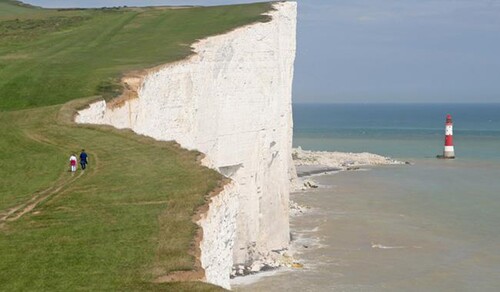 Figure 2. The footpath along the Beachy Head cliffs is mostly unfenced despite a drop rising to over 150 m. The trade-off here is between the risk of falling and the desire to preserve an attraction in its natural state.