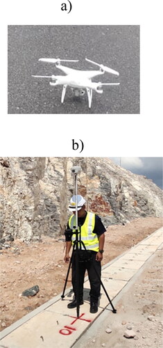 Figure 3. a) DJI Phantom 4 v2.0; (b) SOUTH G1 GNSS system.