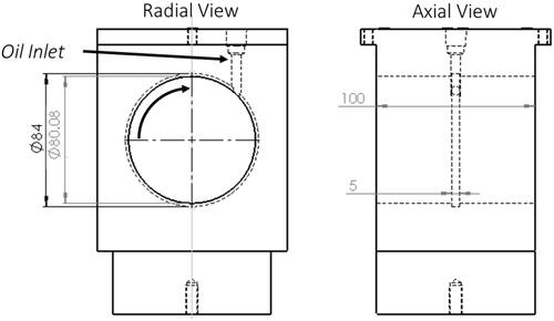 Figure 3. Dimensioned schematic of the bearing used in the test platform. Curved arrow indicates the direction of shaft rotation.