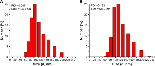 Figure S1 Hydrodynamic diameter distribution of (A) MSNs and (B) Ag-MSNs in water.Abbreviations: MSNs, mesoporous silica nanoparticles; Ag-MSNs, silver-decorated mesoporous silica nanoparticles; PDI, polydispersity index.