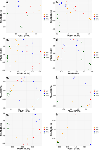 Figure 6. Principal coordinate of analysis (PCoA) based on Bray–Curtis dissimilarity of ARG abundances between samples reveals the time dependent shift of ARG profiles after oral treatment. (a) Low-dose ciprofloxacin. (b) Low-dose fosfomycin. (c) Low-dose combination ampicillin, ciprofloxacin. (d) High-dose combination ampicillin, ciprofloxacin. (e) High-dose combination ampicillin, fosfomycin. (f) High-dose combination ciprofloxacin, fosfomycin. (g) Triple combination low-dose ampicillin, ciprofloxacin, fosfomycin. (h) Triple combination high-dose ampicillin, ciprofloxacin, fosfomycin. For each antibiotic cohort, the first and second principal components are shown on X- and Y-axis, respectively. For all three cohorts, there was a general trend that control samples grouped together along either the X- and/or Y-axis, indicating control samples had similar profiles of ARG.