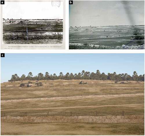 Figure 14. (a) Photograph of the Italian engineers. Front view of the second defensive line of Raimats. The pillboxes are distinguished, also the track and the various anti-tank ditches (AMGAV). (b) Italian photography. Panoramic view of the second line of the entrenched Raimats camp (Uficcio Storico dell’Aeronautica Militar-ADAR). (c) 3D reconstruction of the second line of the entrenched Raimats camp in the sector delimited by Pillboxes number 2 and 3 (JR. Casals—Didpatri UB).