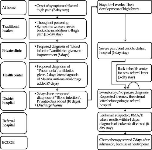 Figure 1 An example of an ALL patient’s journey, from the onset of symptoms to the initiation to chemotherapy.