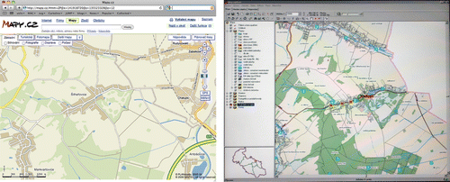 Figure 3.  Finding the way: by road atlas (part of the common knowledge; left), in an emergency management-oriented environment (expert knowledge; right).