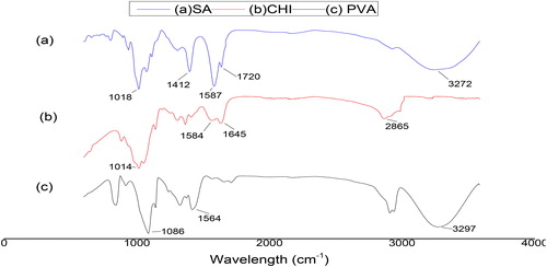 Figure 5. FTIR spectrum of SA, CHI and PVA.