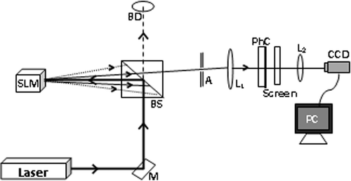 Figure 2. Schematic of the experimental set-up used to study the vortex propagation through PhC, in which M is the mirror, BS is the beam splitter, BD is the beam dump, A is the aperture and L1 and L2 are the lens.