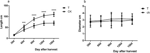 Figure 7. Effects of UVB treatment on the growth of peach new shoots. a. new shoot length, b. new shoot thickness. The data indicate variation after harvest from 7 June 2019–7 October 2019. Values are means (n = 3) and error bars represent the standard deviation.