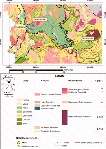 Figure 2 Geological map of the study area based on the 1:200 000 scale mapping by Lehtonen et al. (Citation1998). Gold occurrences based on the FinGold database (Eilu Citation1999).