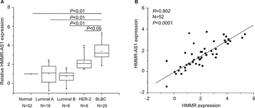 Figure 1 Expression levels of HMMR-AS1 (RP11-80G.1) long noncoding RNA were analyzed by RT-qPCR in 52 breast cancer tissue samples. (A) Expression levels of HMMR in breast cancer tissues were found by RT-qPCR to be significantly lower than those in adjacent normal tissues. (B) The expression levels of HMMR were significantly correlated with those of HMMR-AS1 (RP11-80G.1) lncRNA (R=0.802, P<0.0001). *Maximum value; □ mean value.