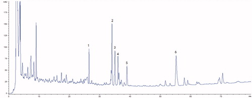 Figure 1. HPLC fingerprint chromatogram of Shengmai injection at 203 nm. (1) Ginsenoside Re, (2) Ginsenoside Rb1, (3) Ginsenoside Rc, (4) Ginsenoside Rb2, (5) Ginsenoside Rd and (6) Schizandrol A.