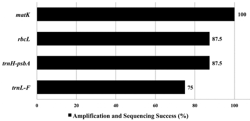 Figure 2. Efficiency of polymerase chain reaction amplification and sequencing success rates of the four candidate barcodes for the selected Leea sp.