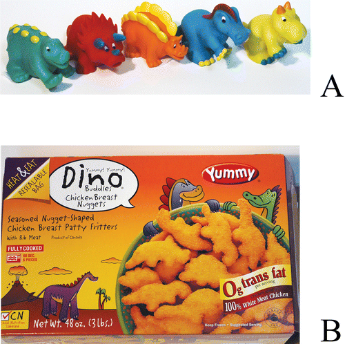 FIGURE 15: (A) Dino bath squirt toys by Battat, ca. 2003 (B) Yummy Dino Buddies Chicken Breast Nuggets, ca. 2007.