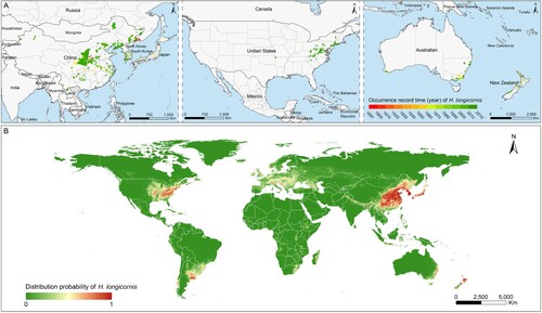 Figure 2. Global recorded locations and model-predicted distribution probability of H. longicornis. (A) Each occurrence record of H. longicornis was geo-referenced and linked to the digital world map. The recording time of the H. longicornis presence was marked by colour gradients from red to green. (B) The potential geographic range of H. longicornis was predicted and mapped by using a maximum entropy method based on eco-geographical and climatic variables.