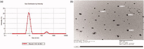 Figure 1. (A,B) Optimized TS-SLN characterization: (A) shows particle size and (B) TEM analysis.