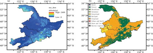 Figure 1. Maps of (a) topography and (b) land cover type from the MODIS MCD12Q1 product in Northeast China. HLJ, JL, and LN represent the provinces of Heilongjiang, Jilin, and Liaoning, respectively.