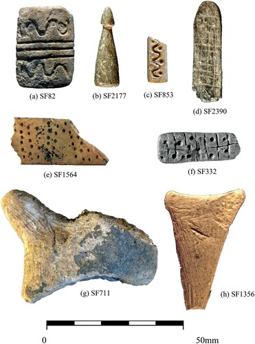 Figure 12 Possible shamanic charms from WF16 (a) SF82; (b) SF2177; (c) SF853; (d) SF2390; (e) SF1564; (f) SF332; (g) SF711; (h) SF1356 (photos: S. Mithen and B. Finlayson).